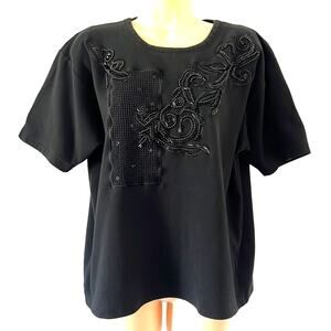 Santoria Black Bead Embellished Knit Top Woman Size Large Short Sleeve